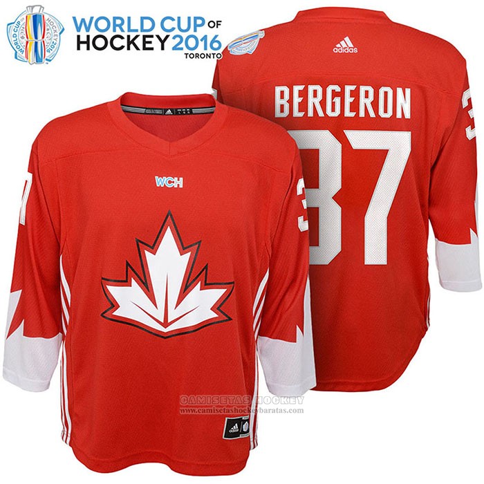 Camiseta Hockey Nino Canada 37 Patrice Bergeron 2016 World Cup Rojo